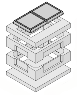 Skizze eines Kabel-Aufbauschachts aus vorgefertigten Stahlbetonfertigteilen, bestehend aus mehreren &uuml;bereinander angeordneten Schachtelementen mit &Ouml;ffnungen zur F&uuml;hrung von Strom- und Datenkabeln.