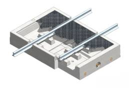 Skizze einer Gleis-Tragwanne im Typ GW 250, aus fl&uuml;ssigkeitsundurchl&auml;ssigen Stahlbeton. Die Wanne f&auml;ngt wassergef&auml;hrdenden Fl&uuml;ssigkeiten auf und sch&uuml;tzt damit die Umwelt.