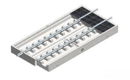 Skizze einer Gleis-Tragwanne im Typ GW 750 mit Abdeckung aus Gitterrosten aus Stahlbeton, die fl&uuml;ssigkeitsundurchl&auml;ssig ist.