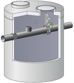 Skizze bzw. schematische Darstellung eines Havarieschacht, bestehend aus verschiedenen Elementen. Im Havariefall h&auml;lt der Schacht gef&auml;hrdende Fl&uuml;ssigkeiten zur&uuml;ck.